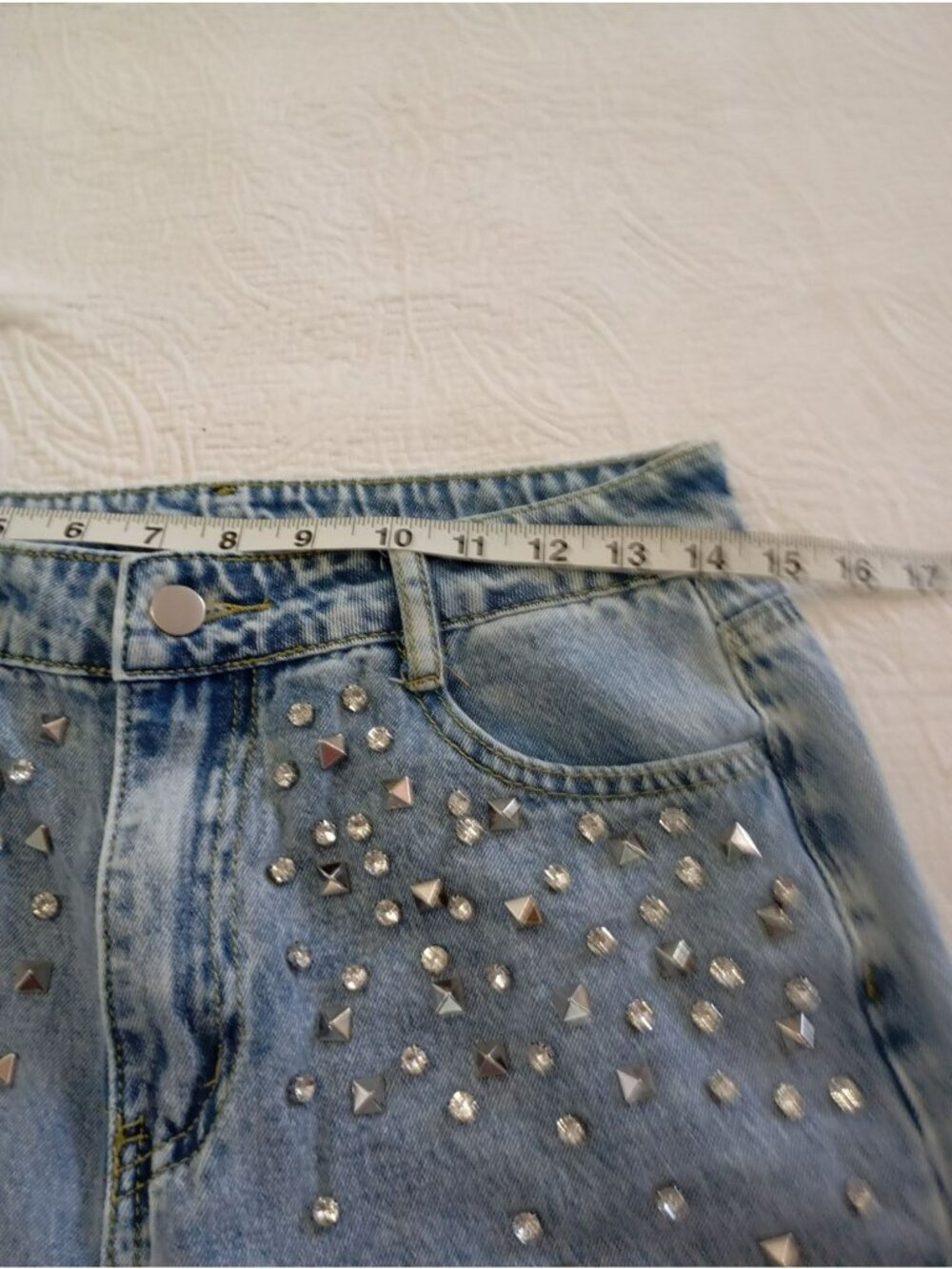Studded Denim Jeans Rhinestone Details Size M High-Waisted Straight Leg - Picture 11 of 16